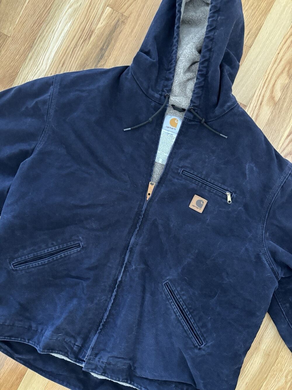 CARHARTT Sierra Sherpa J141 Lined Hooded Rare Blue Canvas Duck Jacket Men’s 2XL
